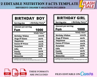 Plantilla editable de etiqueta nutricional para cumpleaños (descarga digital)