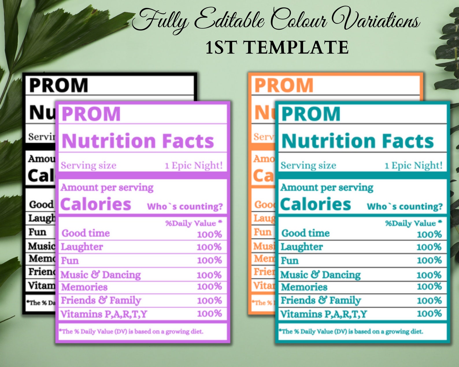 Prom Nutrition | Editable Facts | Nutrition Facts | Digital Download ...