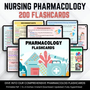 May include: A set of 200 printable flashcards for nursing pharmacology. The flashcards feature a colorful design with pills and a medical bag. The text on the flashcards includes "Nursing Pharmacology", "200 Flashcards", "Pharmacology Flashcards", "Decongestants", "Tricyclic Antidepressants", and "Medications".