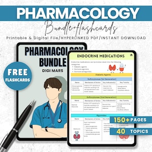Puede incluir: Una ilustración digital de una guía de estudio de farmacología con el título "Pharmacology Bundle" y el texto "Free Flashcards". La guía incluye información sobre medicamentos endocrinos, incluidos los agentes diabéticos, los agonistas hormonales y los antagonistas hormonales. La guía también incluye información sobre las sulfonilureas y las biguanidas. La guía está diseñada para ayudar a los estudiantes a aprender sobre farmacología.