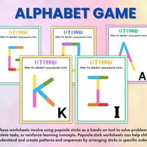 May include: Four colorful cards with the letters E, K, I, and A made with popsicle sticks. The cards have the text "Let's Make" and instructions to make the alphabet using popsicle sticks.