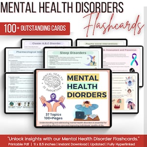 May include: A set of digital flashcards for learning about mental health disorders. The flashcards feature a purple ribbon, a brain, and a cartoon illustration of a person with a worried expression. The text "Mental Health Disorders" is displayed in a large, bold font. The text "100+ Outstanding Cards" is also displayed. The text "Unlock insights with our Mental Health Disorder Flashcards." is displayed at the bottom of the image.