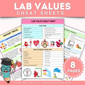 May include: Printable cheat sheets for lab values, with colorful illustrations and text. The cheat sheets cover vital signs, basic metabolic panel (BMP), and renal panel. The text includes normal ranges for blood pressure, heart rate, respiratory rate, temperature, oxygen saturation, sodium, potassium, chloride, carbon dioxide, glucose, creatinine, blood urea nitrogen (BUN), magnesium, phosphate, and protein albumin.