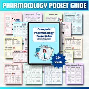 May include: A complete pharmacology pocket guide with over 20 sheets. The guide includes information on drug names, schedules, pregnancy categories, suffixes, and more. The cover features a doctor illustration and the text "Complete Pharmacology Pocket Guide".