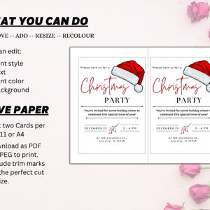 May include: Two printable Christmas party invitations with a red Santa hat illustration. The text reads "Please join us for a Christmas Party" with the date and time of the party. The invitations are designed to be printed on 8.5 x 11 inch paper.