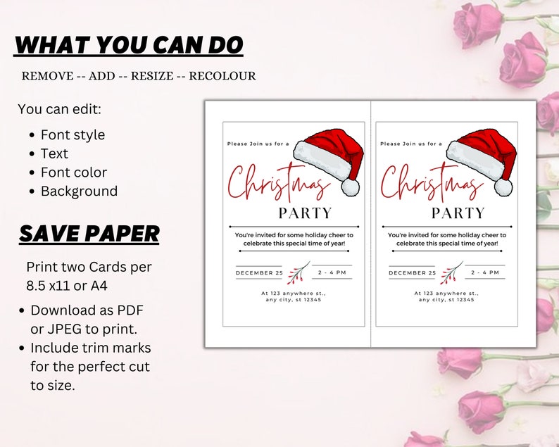 May include: Two printable Christmas party invitations with a red Santa hat illustration. The text reads "Please join us for a Christmas Party" with the date and time of the party. The invitations are designed to be printed on 8.5 x 11 inch paper.
