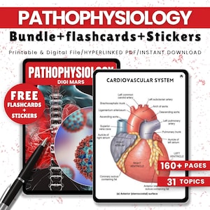 May include: A digital download bundle of printable flashcards and stickers on the topic of pathophysiology. The image shows a close-up of a human heart with labeled anatomical features. The text on the image reads "Cardiovascular System" and "160+ Pages, 31 Topics".