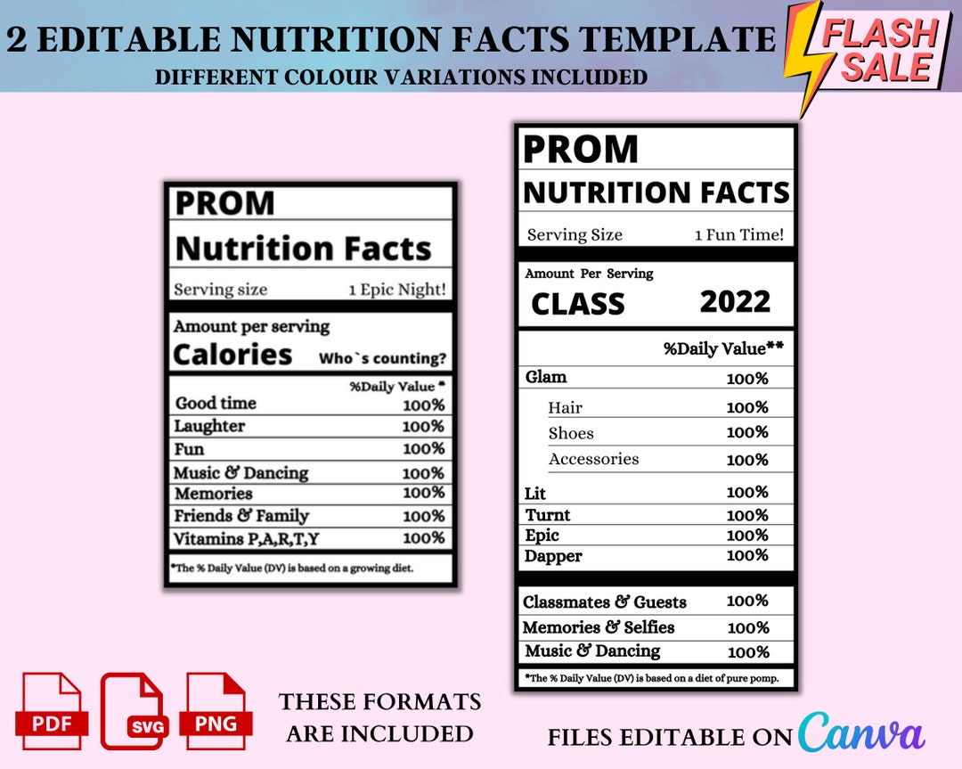 Prom Nutrition Editable Facts Nutrition Facts Digital Download Facts Template Etsy