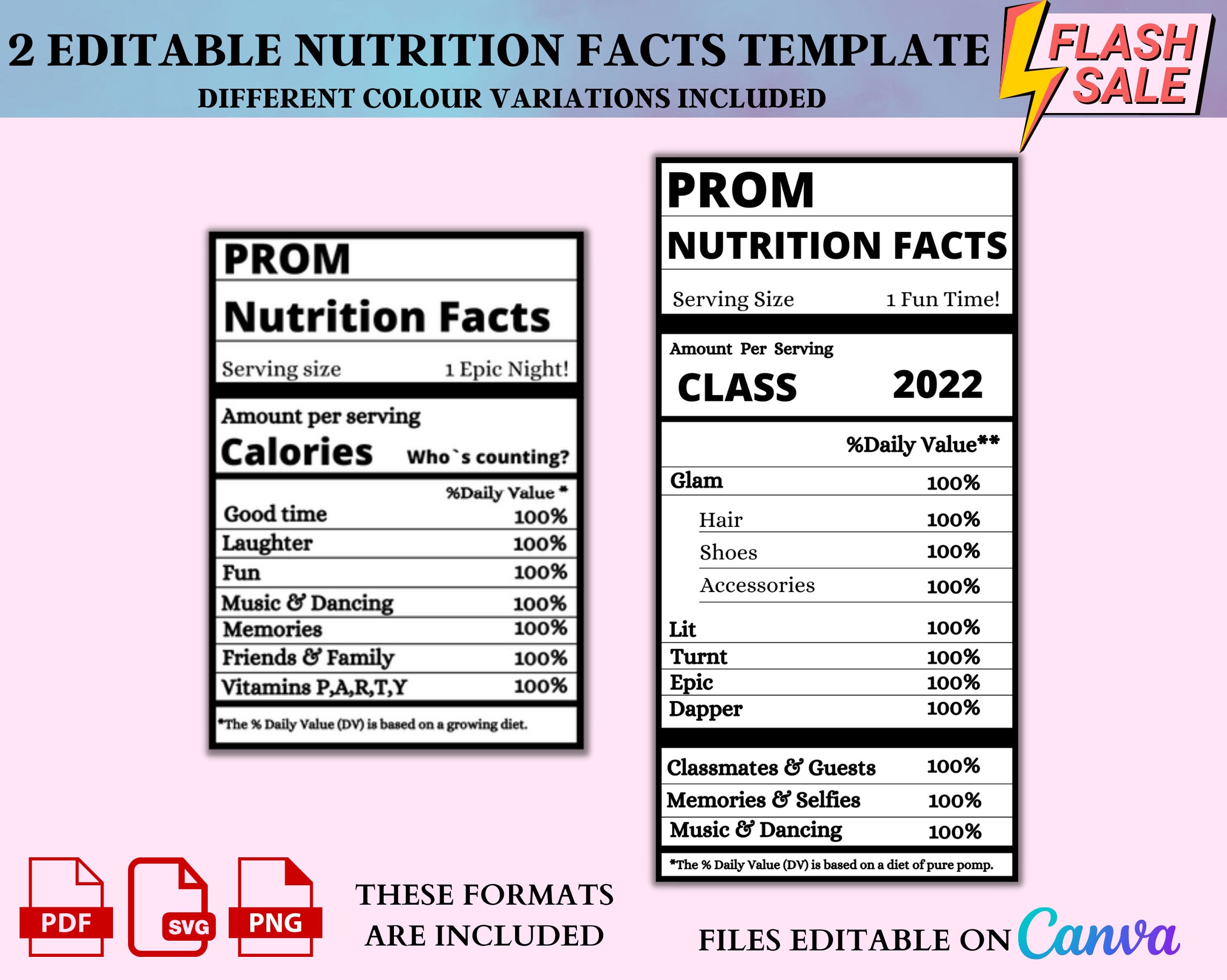 Prom Nutrition Editable Facts Nutrition Facts Digital Download Facts