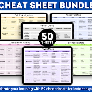 Cheat Sheet-bundel 50 pagina's verpleegnotities | Digitale download notities van de verpleegschool | Medicatiegids en farmacologie