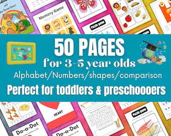 Preschool Worksheets 50 Pages- Numbers, Counting, Math, Alphabet, Shapes, Comparison, preschool graduation program, preschool teacher