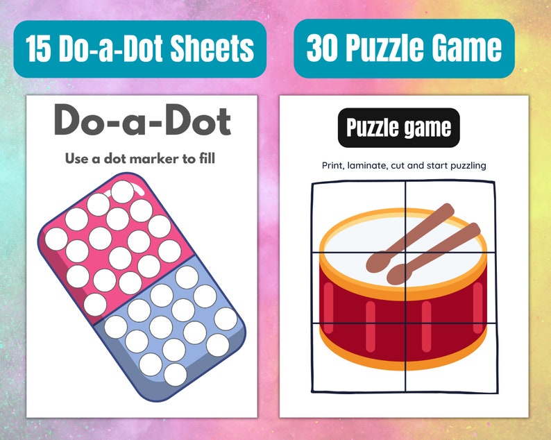 K&ouml;nnte beinhalten: Ein druckbarer Satz mit 15 Do-a-Dot-Aktivit&auml;tsbl&auml;ttern und 30 Puzzleteilen. Das Do-a-Dot-Blatt zeigt einen rosa und blauen Radiergummi mit wei&szlig;en Kreisen. Das Puzzlespiel zeigt eine rote Trommel mit zwei braunen Schlagst&ouml;cken.