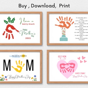 May include: Four printable Mother's Day cards featuring handprint designs and heartfelt messages. The cards include the text "I love you berry much", "You are my sunshine", "Best Mom in the world", and "I'm growing like a plant".