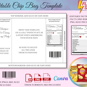 May include: Editable chip bag template featuring a nutrition facts label with "Love" and a value of 1000. The template includes a barcode, a QR code, and instructions for printing and assembling the bag. The template is available in SVG, PNG, and PDF formats. The image also includes a picture of three bags of crisps: Cheetos, Lay's, and Doritos.