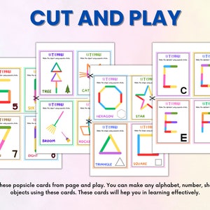May include: A set of colorful printable cards with instructions to "Make the object using popsicle sticks". The cards feature letters, numbers, shapes, and objects like a tree, cat, hexagon, star, broom, rocket, triangle, and square.