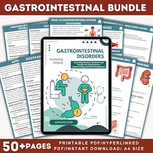 Puede incluir: Una tableta digital que muestra una ilustración verde y blanca del sistema gastrointestinal. El texto "Gastrointestinal Disorders" se muestra en una fuente grande en la pantalla. La tableta está rodeada de imágenes del sistema digestivo, incluyendo el estómago, los intestinos y el hígado. El texto "Unraveling Anatomy, Symptoms, and Therapies for Comprehensive Understanding and Patient Management" también se muestra en la pantalla. El texto "Complete Guide" se muestra en una fuente más pequeña en la parte inferior de la pantalla. La tableta está rodeada de un fondo blanco.