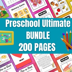 Preschool Pre-K + Kindergarten Learning Bundle | 200+ Page | Activity Worksheets | Coloring | Dot To Dot | Color By Number | Printable book