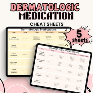 Puede incluir: Dos hojas de trucos imprimibles para medicamentos dermatológicos. Las hojas están divididas en categorías, como corticosteroides tópicos, retinoides tópicos, antibióticos tópicos, cremas antifúngicas, inhibidores de la calcineurina tópicos, antihistamínicos (orales), análogo de la vitamina D, antioxidantes tópicos y anestésicos tópicos. Cada categoría enumera el medicamento, los usos, los efectos secundarios y las consideraciones.