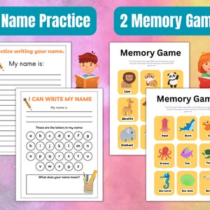 K&ouml;nnte beinhalten: Zwei druckbare Arbeitsbl&auml;tter f&uuml;r Kinder. Das erste Arbeitsblatt ist ein Namens&uuml;bungs-Blatt mit zwei Abschnitten zum Schreiben Ihres Namens. Das zweite Arbeitsblatt ist ein Memory-Spiel mit Bildern von Tieren und Meeresbewohnern.