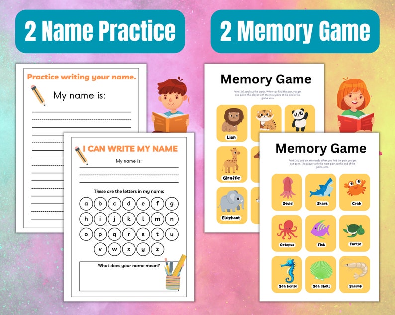 K&ouml;nnte beinhalten: Zwei druckbare Arbeitsbl&auml;tter f&uuml;r Kinder. Das erste Arbeitsblatt ist ein Namens&uuml;bungs-Blatt mit zwei Abschnitten zum Schreiben Ihres Namens. Das zweite Arbeitsblatt ist ein Memory-Spiel mit Bildern von Tieren und Meeresbewohnern.