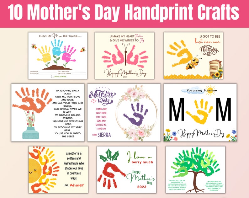 10 Design Mother's Day Handprint art, Baby Toddler Kids craft, Gift for mother, Happy Mother's day, preschooler DIY activity, Digital Print