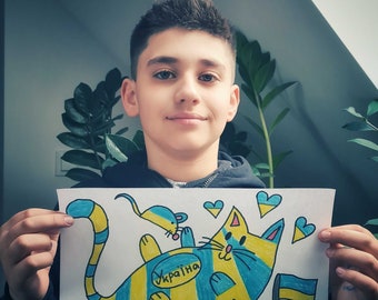 Ukraine Cat Art Print | Blue and Yellow Cartoon Illustration (Digital Download)