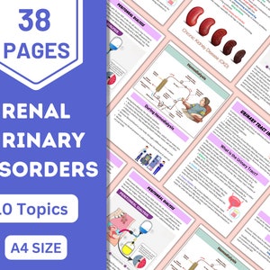 Könnte beinhalten: Eine farbenfrohe Infografik mit dem Titel "Nieren- und Harnwegserkrankungen" und dem Text "38 Seiten" und "10 Themen". Die Infografik enthält Illustrationen von Nieren, Harnwegen und einer Person, die sich einer Hämodialyse unterzieht.