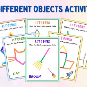 May include: Five colorful cards with the text "Let's Make" and instructions to make different objects using popsicle sticks. The objects are a house, a cat, a broom, a rocket, and a chair.