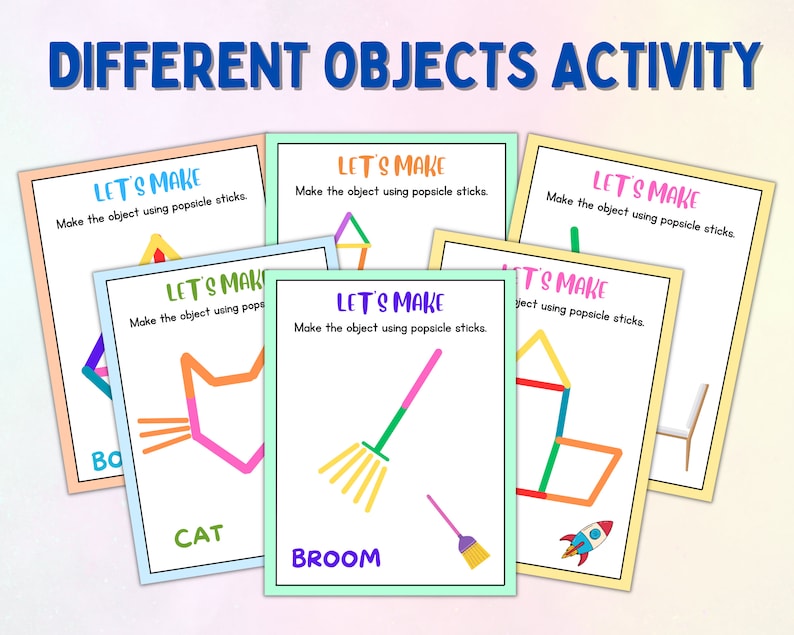 May include: Five colorful cards with the text "Let's Make" and instructions to make different objects using popsicle sticks. The objects are a house, a cat, a broom, a rocket, and a chair.