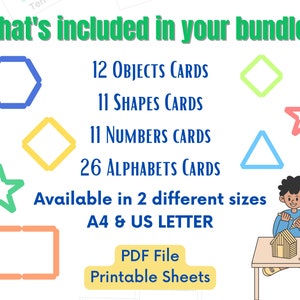 May include: A colorful printable set of educational cards for children. The set includes 12 object cards, 11 shape cards, 11 number cards, and 26 alphabet cards. The cards are available in two sizes: A4 and US Letter. The cards are printed on PDF files and can be printed on printable sheets.