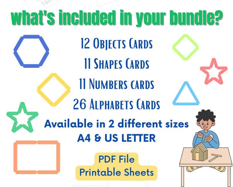 May include: A colorful printable set of educational cards for children. The set includes 12 object cards, 11 shape cards, 11 number cards, and 26 alphabet cards. The cards are available in two sizes: A4 and US Letter. The cards are printed on PDF files and can be printed on printable sheets.