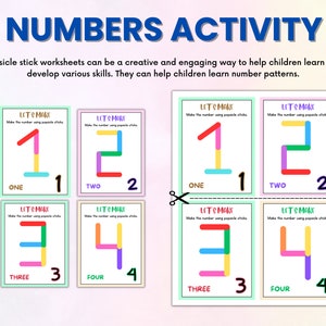 May include: A printable worksheet for kids to learn how to make the numbers 1 through 4 using popsicle sticks. The worksheet has colorful illustrations of the numbers and instructions to "Let's Make" the numbers using popsicle sticks.