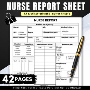 Nurse Report Sheets Editable File & Printable PDF| 42 Sheets | Medical Nursing Study | Medical Nurse Notes