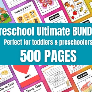 Preschool Pre-K + Kindergarten Learning Bundle | 500+ Page | Activity Worksheets | Coloring | Dot To Dot | Color By Number | kids downloads