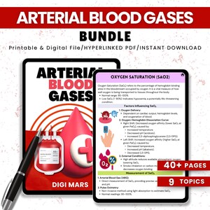 May include: A digital download bundle of printable and hyperlinked PDF files about arterial blood gases. The cover image features a red blood bag with a plus sign and a red circle with a percentage sign and the number 02. The text "Arterial Blood Gases" is in a large, bold font at the top of the image. The text "40+ Pages" and "9 Topics" is in a smaller font at the bottom of the image.