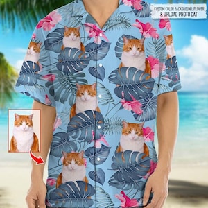 Personalized Photo Upload Cat Men's Hawaiian Shirt, Funny Cat Shirt