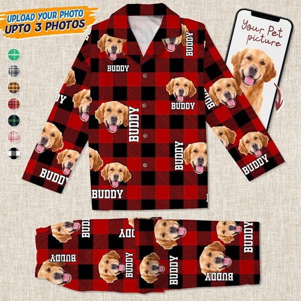 Custom Photo Name Dog Cat Flannel Pajamas Christmas Gift, Pet Face Pajamas, Custom Dog Photo Pajamas