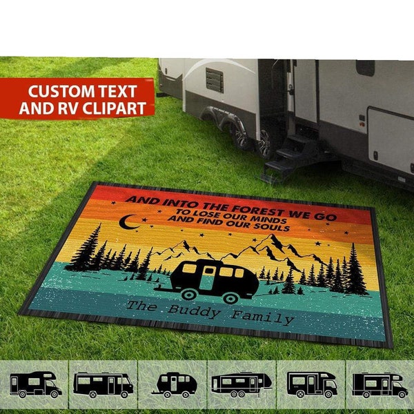 Retro Sunset Into The Forest We Go Custom Text Camping Patio Mat