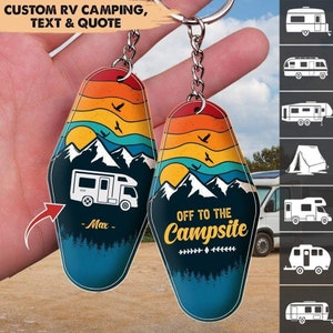 Retro Sunset Camping Keychain, Custom RV Camping, Camping Gift Accessories, Camping Decor, Personalized Custom Funny Keychain
