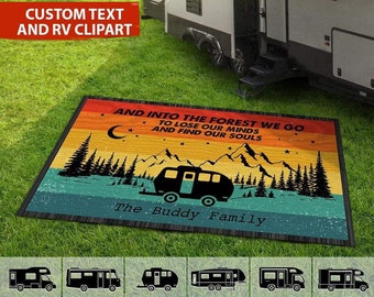 Retro Sunset Into The Forest We Go Custom Text Camping Patio Mat