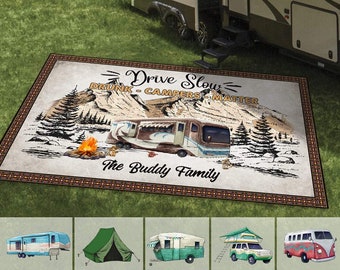 Camping Patio Rug, Patio Mat, Custom Clipart Camping RV Rug