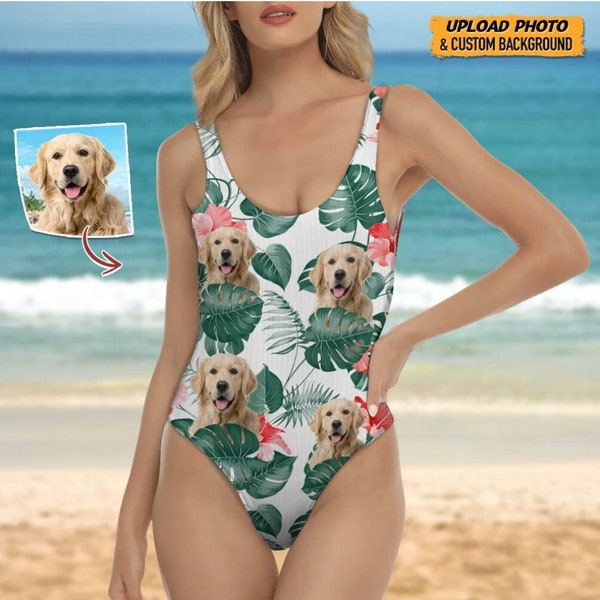 Custom Photo Dog Hawaii Swimsuit, Dog Face Swimsuit, Personalized Dog Photo Bathing Suit Bikini Set Swimwear, Summer Beach Party Gifts