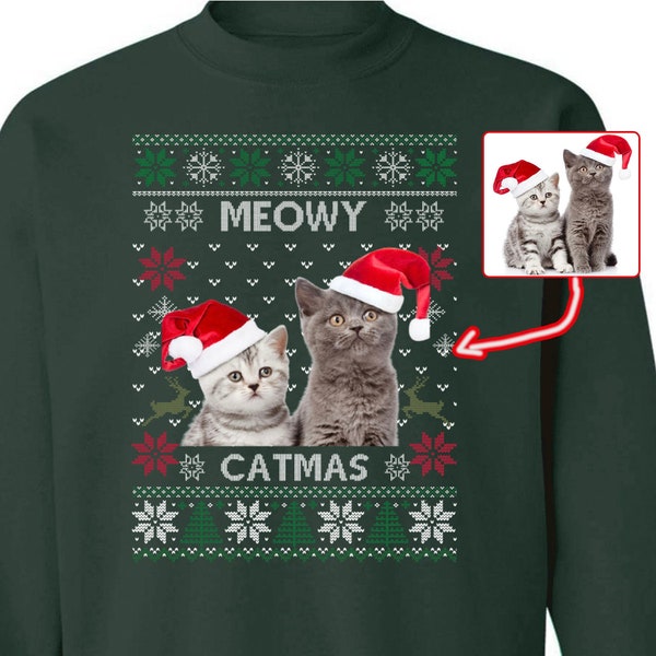 Custom Cat Photo Ugly Christmas Sweater: Meowy Catmas Gift