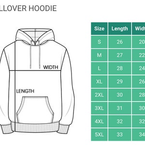 May include: A size chart for a pullover hoodie with measurements in inches for length and width. The chart shows sizes from S to 5XL.