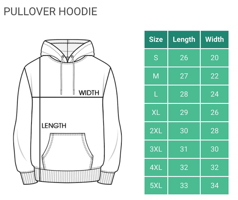 May include: A size chart for a pullover hoodie with measurements in inches for length and width. The chart shows sizes from S to 5XL.