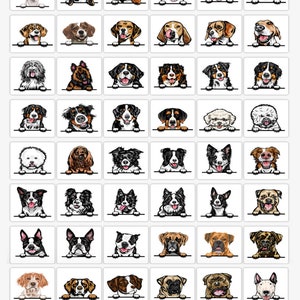 Pode incluir: Uma cole&ccedil;&atilde;o de 48 ra&ccedil;as de c&atilde;es diferentes, cada uma com uma apar&ecirc;ncia e personalidade &uacute;nicas. Os c&atilde;es est&atilde;o todos olhando para a c&acirc;mera com suas cabe&ccedil;as espiando por cima de uma barra branca. As ra&ccedil;as incluem Basset Hound, Bernese Mountain Dog, Beagle, Border Collie, Boxer, Bulldog, e muitas outras.