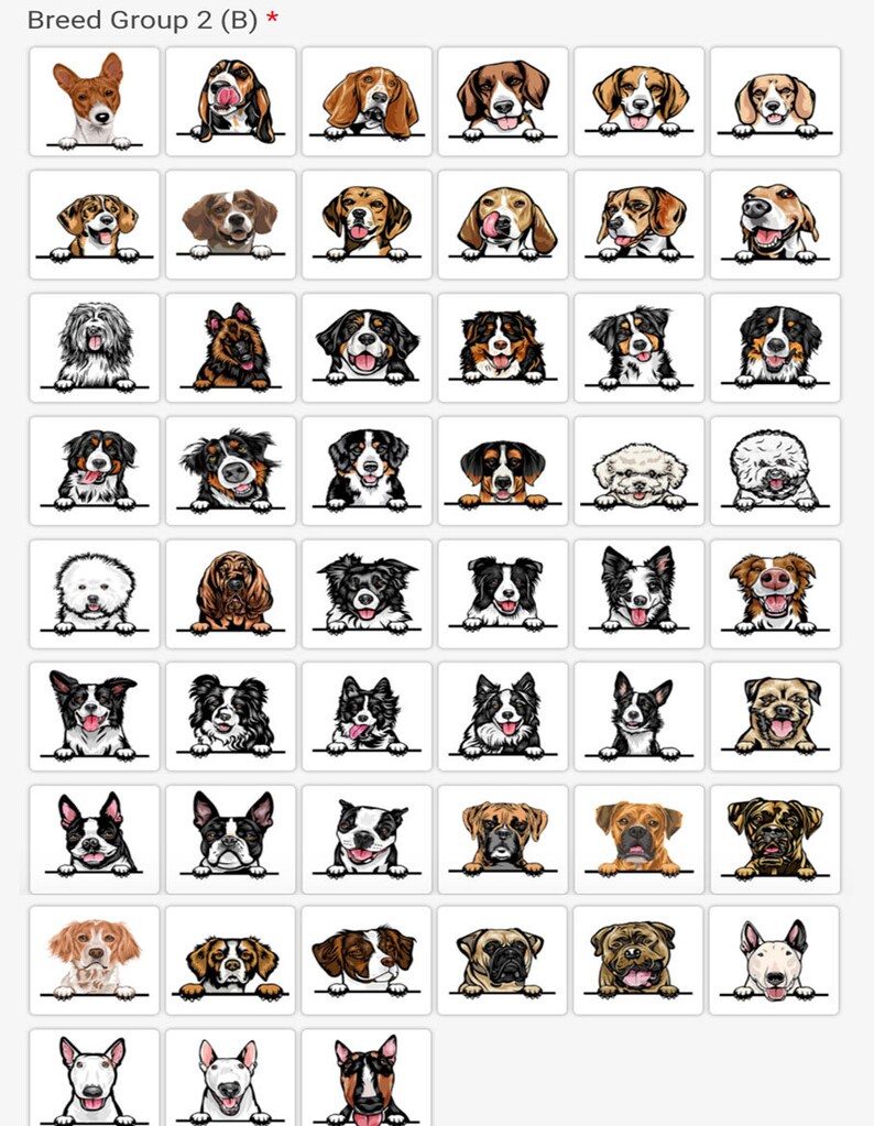 Pode incluir: Uma cole&ccedil;&atilde;o de 48 ra&ccedil;as de c&atilde;es diferentes, cada uma com uma apar&ecirc;ncia e personalidade &uacute;nicas. Os c&atilde;es est&atilde;o todos olhando para a c&acirc;mera com suas cabe&ccedil;as espiando por cima de uma barra branca. As ra&ccedil;as incluem Basset Hound, Bernese Mountain Dog, Beagle, Border Collie, Boxer, Bulldog, e muitas outras.
