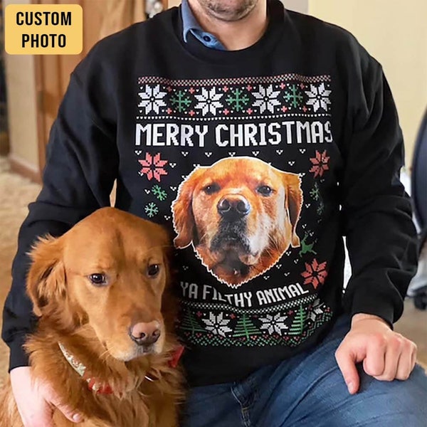 Benutzerdefinierte Foto hässliche Weihnachten Ya schmutzigen Tier Hund Katze Sweatshirt, Hunde-Liebhaber Pullover Weihnachten