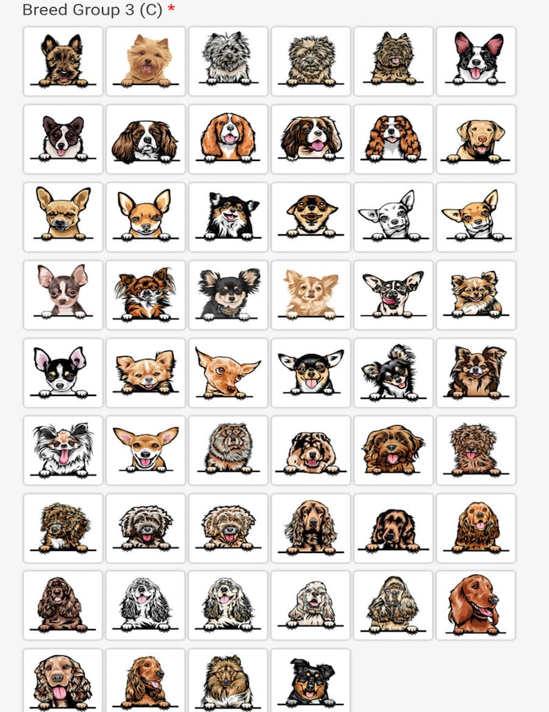 Pode incluir: Uma cole&ccedil;&atilde;o de 48 ra&ccedil;as de c&atilde;es ilustradas, incluindo Cavalier King Charles Spaniels, Cocker Spaniels e Chihuahuas. Os c&atilde;es s&atilde;o retratados em um estilo de desenho animado, olhando de tr&aacute;s de uma borda branca.