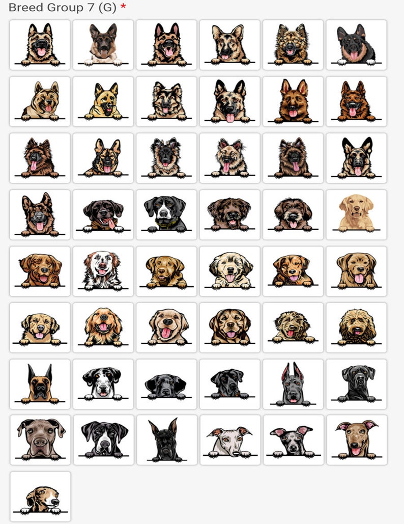 Pode incluir: Uma cole&ccedil;&atilde;o de 48 ra&ccedil;as de c&atilde;es diferentes, cada uma com uma apar&ecirc;ncia e personalidade &uacute;nicas. Os c&atilde;es est&atilde;o todos olhando para a c&acirc;mera com suas cabe&ccedil;as espiando por cima de uma superf&iacute;cie branca. A imagem &eacute; intitulada "Breed Group 7 (G)".